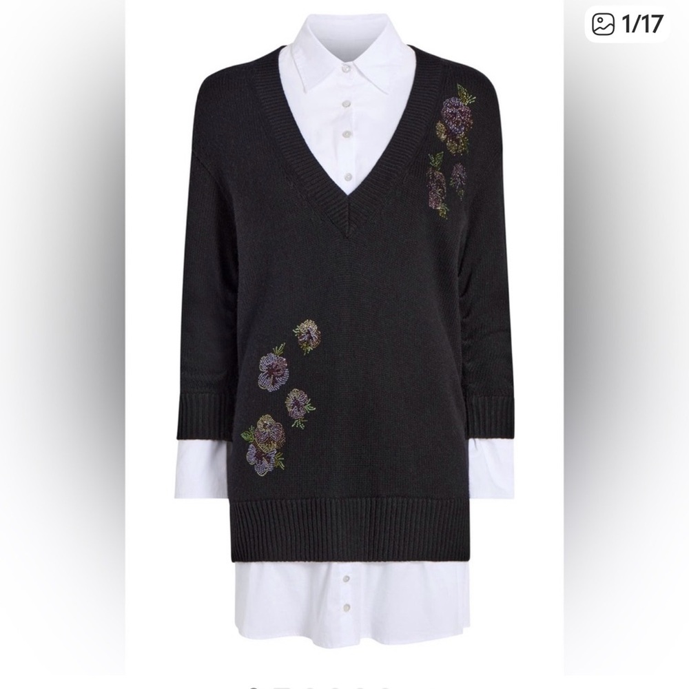 New! Cinq a sept embroidered Floral V-Neck Sabrina Sweater Dress - Picture 4 of 5